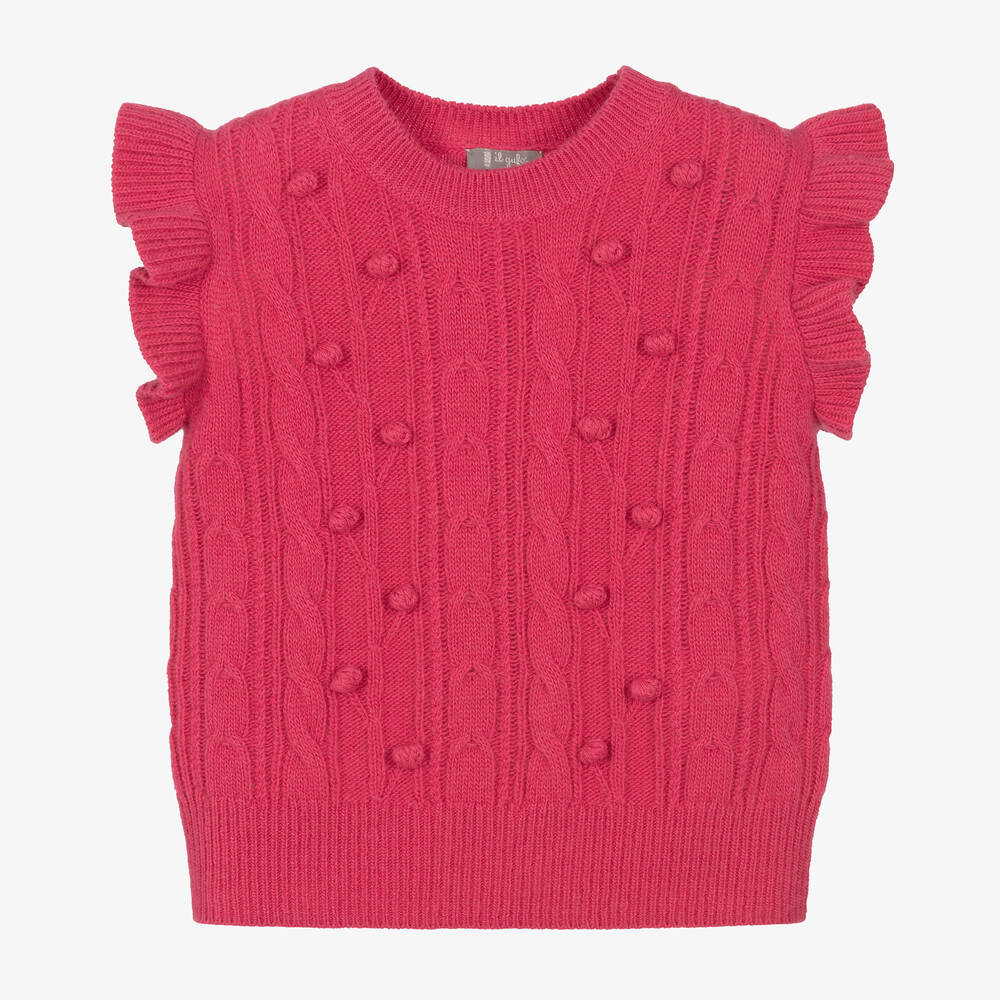 Il Gufo - Girls Pink Knitted Wool Bobble Slip-Over | Childrensalon