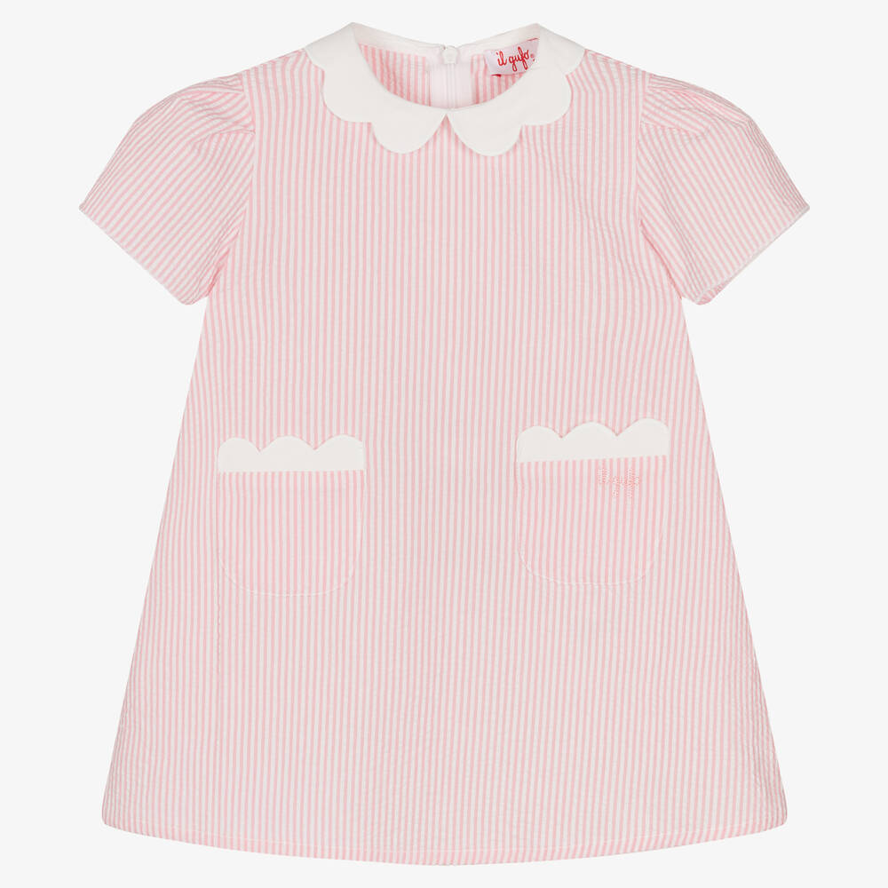 Il Gufo - Girls Pink Stripe Cotton Seersucker Dress | Childrensalon