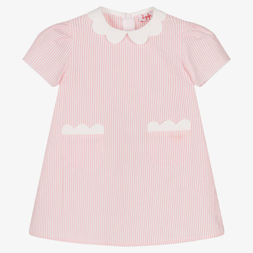 Il Gufo-Girls Pink Stripe Cotton Seersucker Dress | Childrensalon Outlet