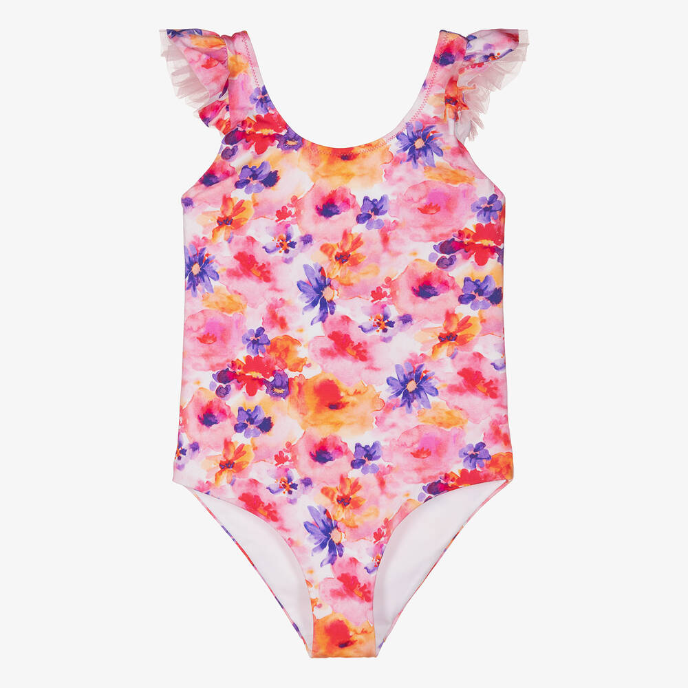 Il Gufo-Girls Pink Watercolour Floral Swimsuit  | Childrensalon Outlet