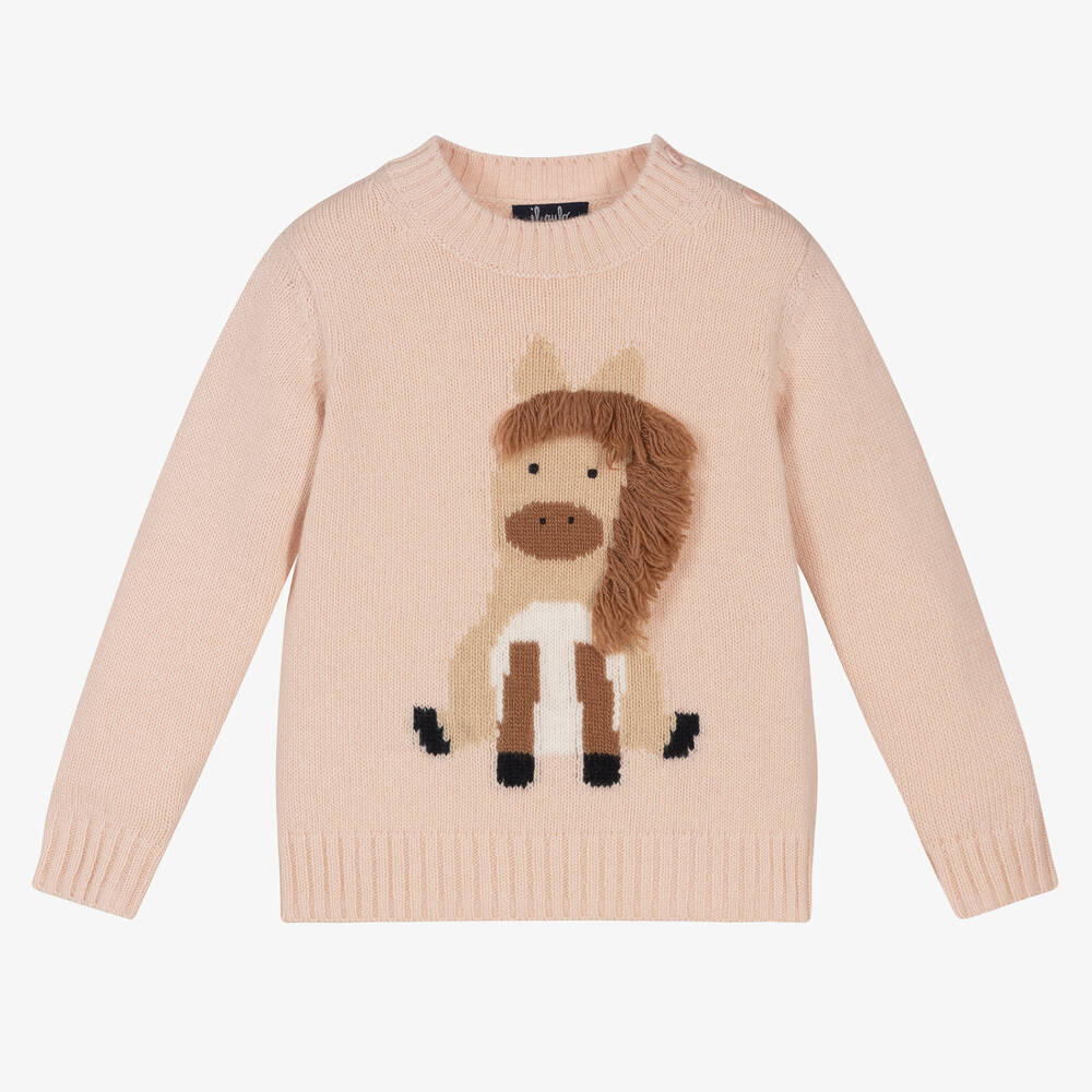 Il Gufo - Girls Pink Wool Horse Jumper | Childrensalon