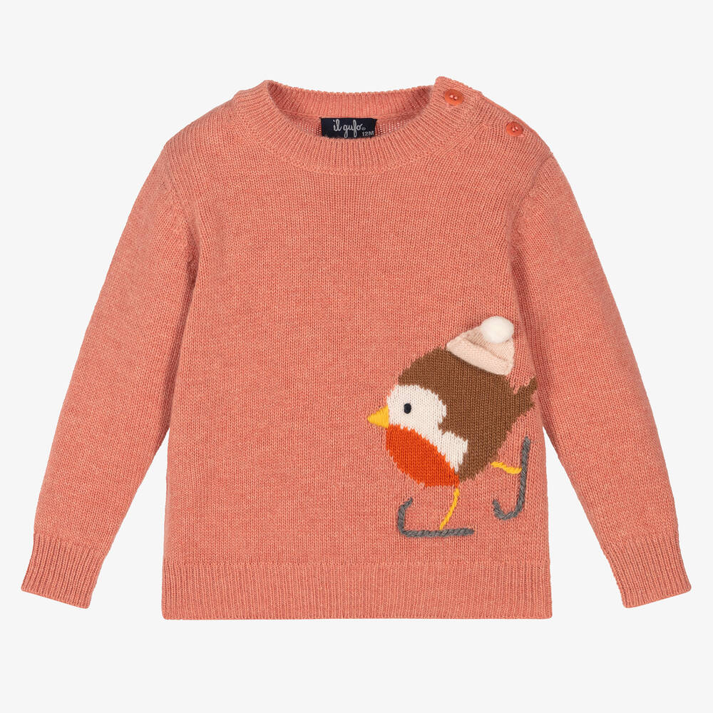 Il Gufo - Розовый шерстяной свитер с птичкой | Childrensalon