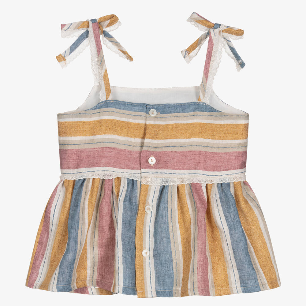 Il Gufo-Girls Pink & Yellow Striped Linen Blouse | Childrensalon Outlet