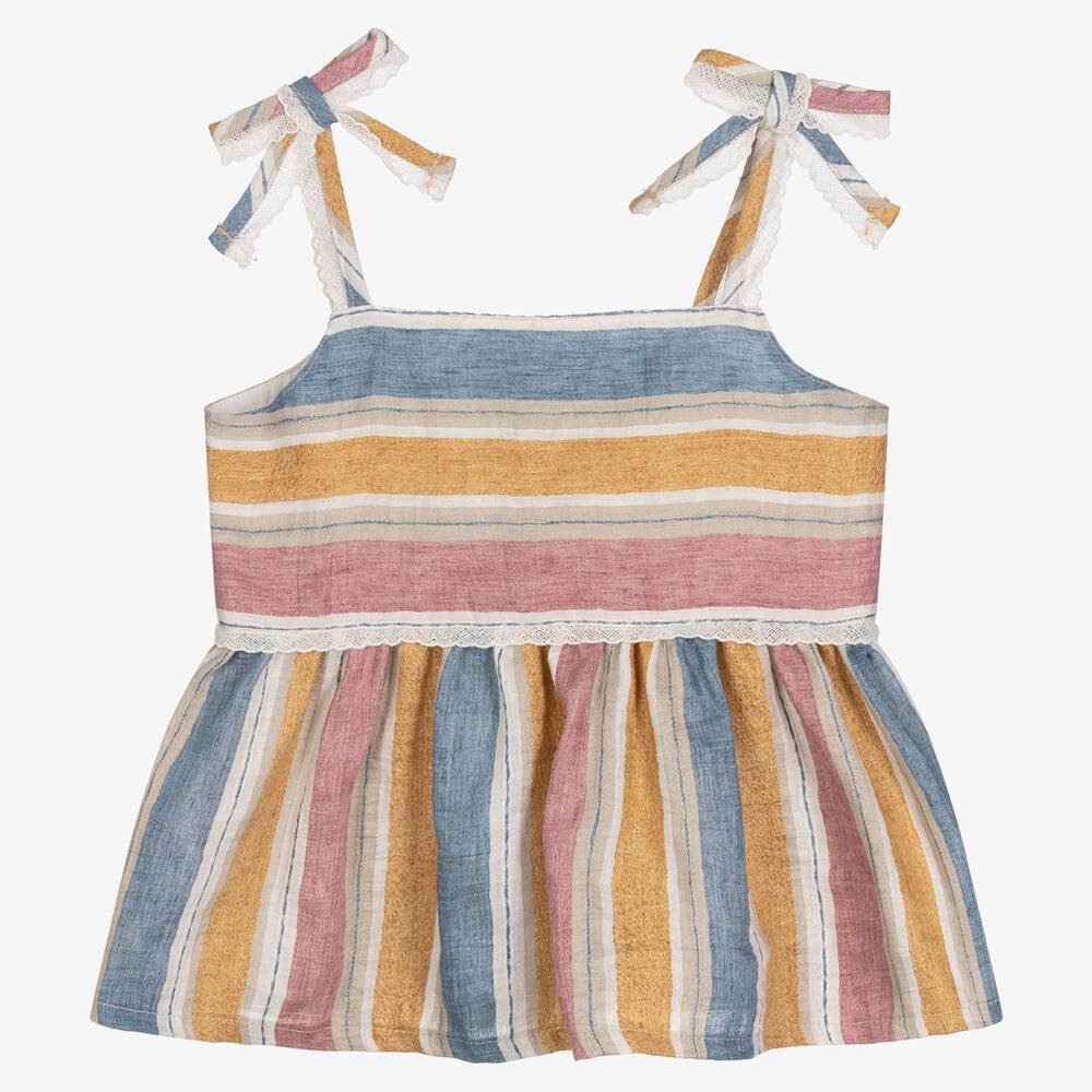 Il Gufo - Girls Pink & Yellow Striped Linen Blouse | Childrensalon