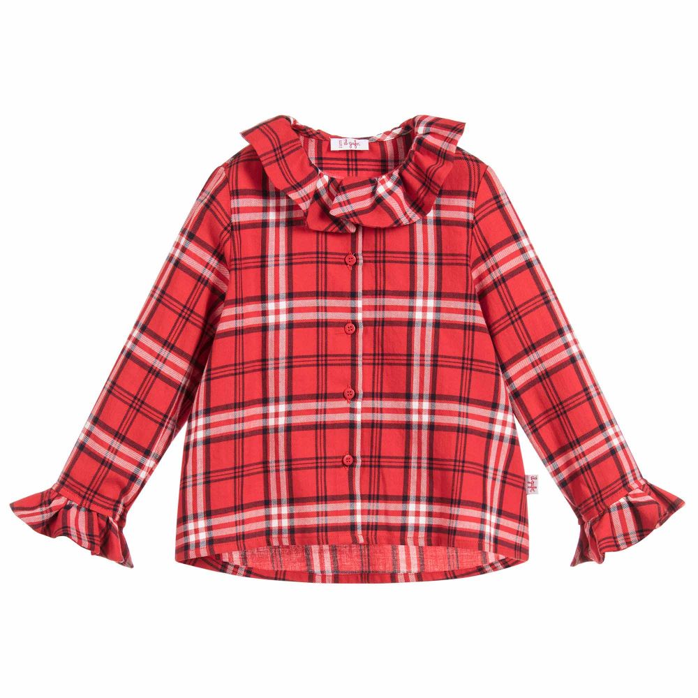 Il Gufo - Girls Red Check Cotton Blouse | Childrensalon