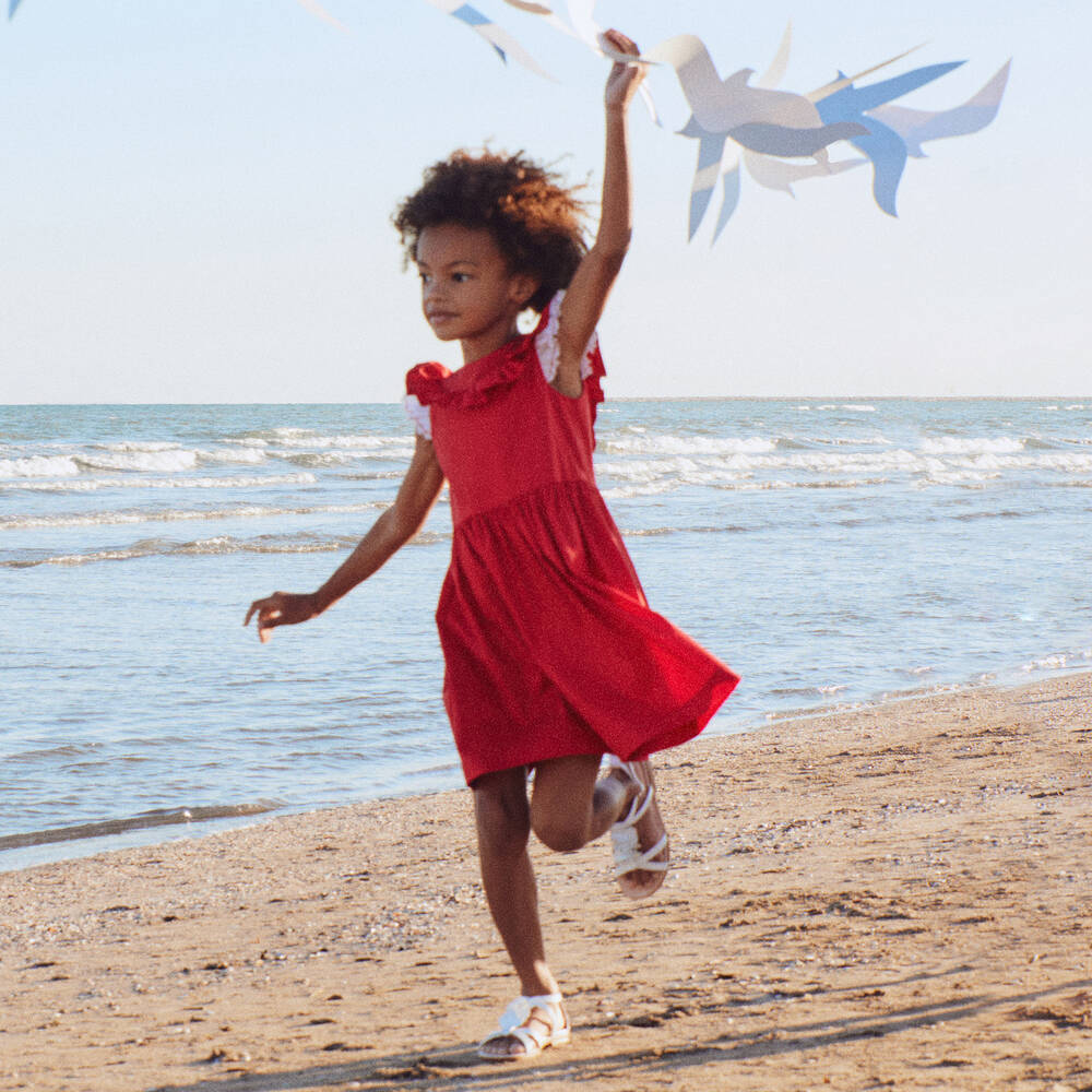 Il Gufo-Girls Red Cotton Ruffle Dress | Childrensalon Outlet
