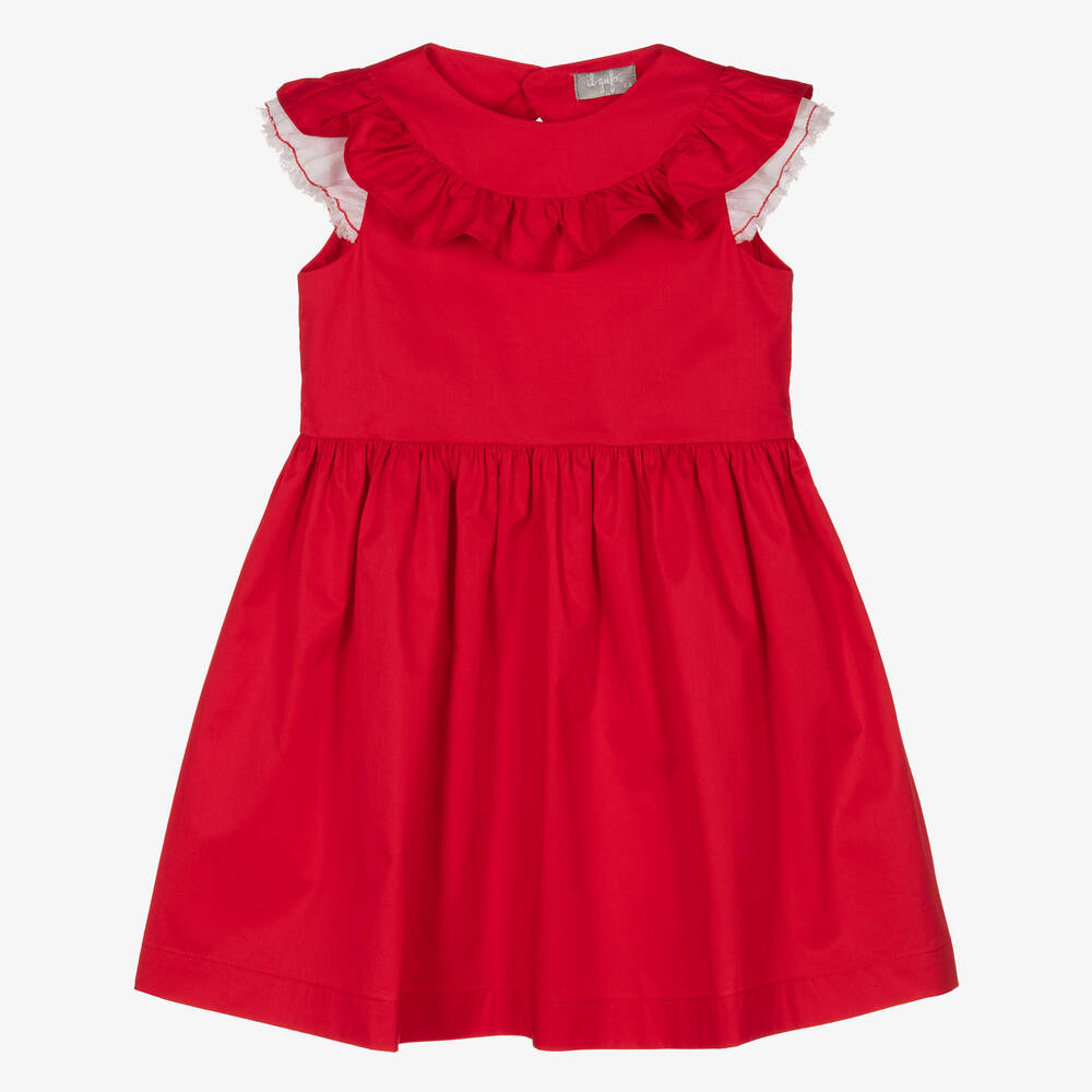 Il Gufo - Girls Red Cotton Ruffle Dress | Childrensalon