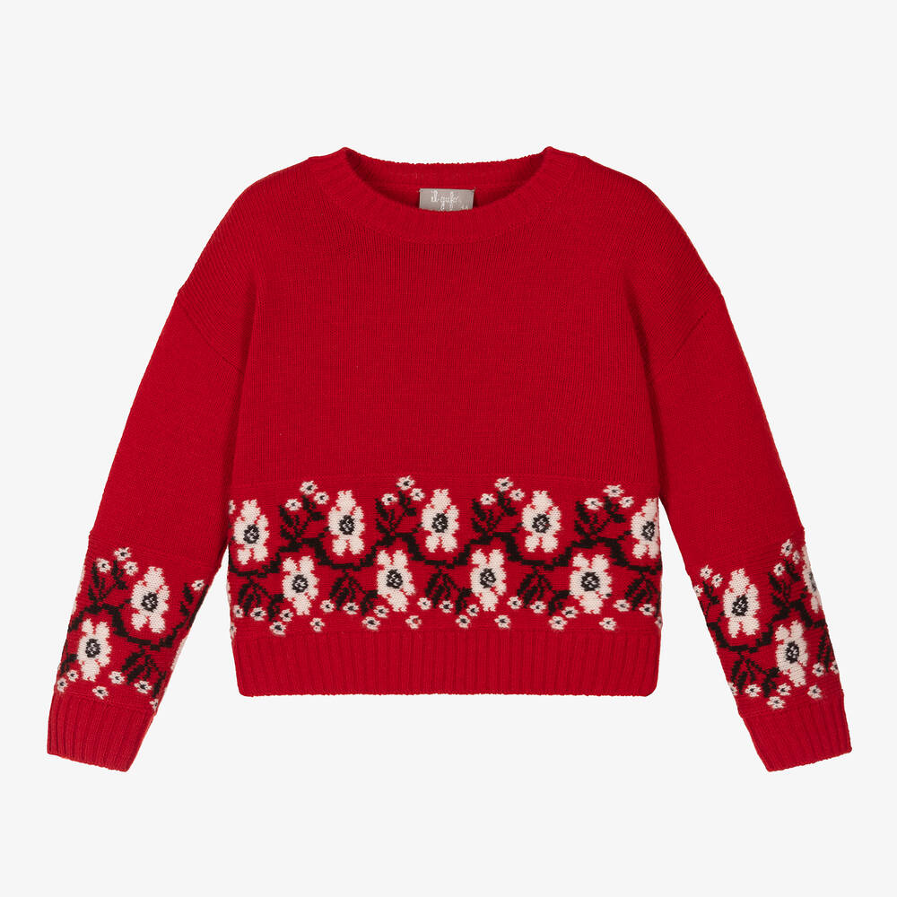 Il Gufo - Girls Red Flower Fair Isle Wool Sweater | Childrensalon
