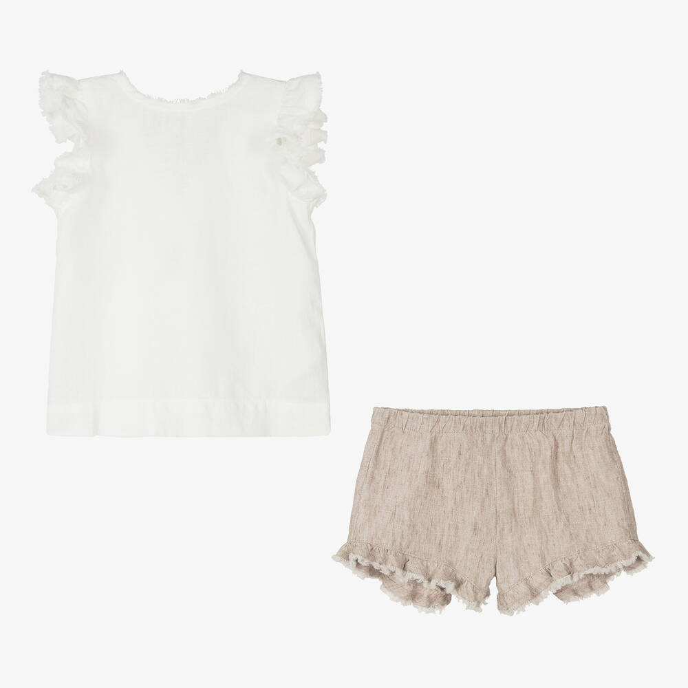 Il Gufo-Girls White & Beige Linen Shorts Set | Childrensalon Outlet