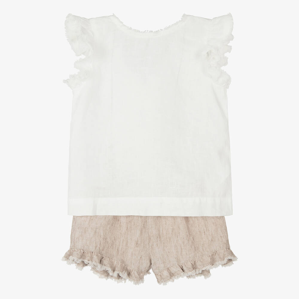 Il Gufo-Girls White & Beige Linen Shorts Set | Childrensalon Outlet