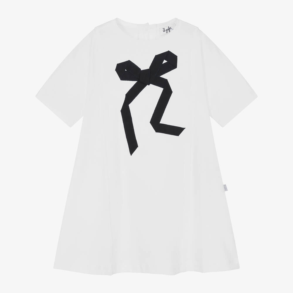 Il Gufo-Girls White & Blue Cotton Bow Dress | Childrensalon Outlet