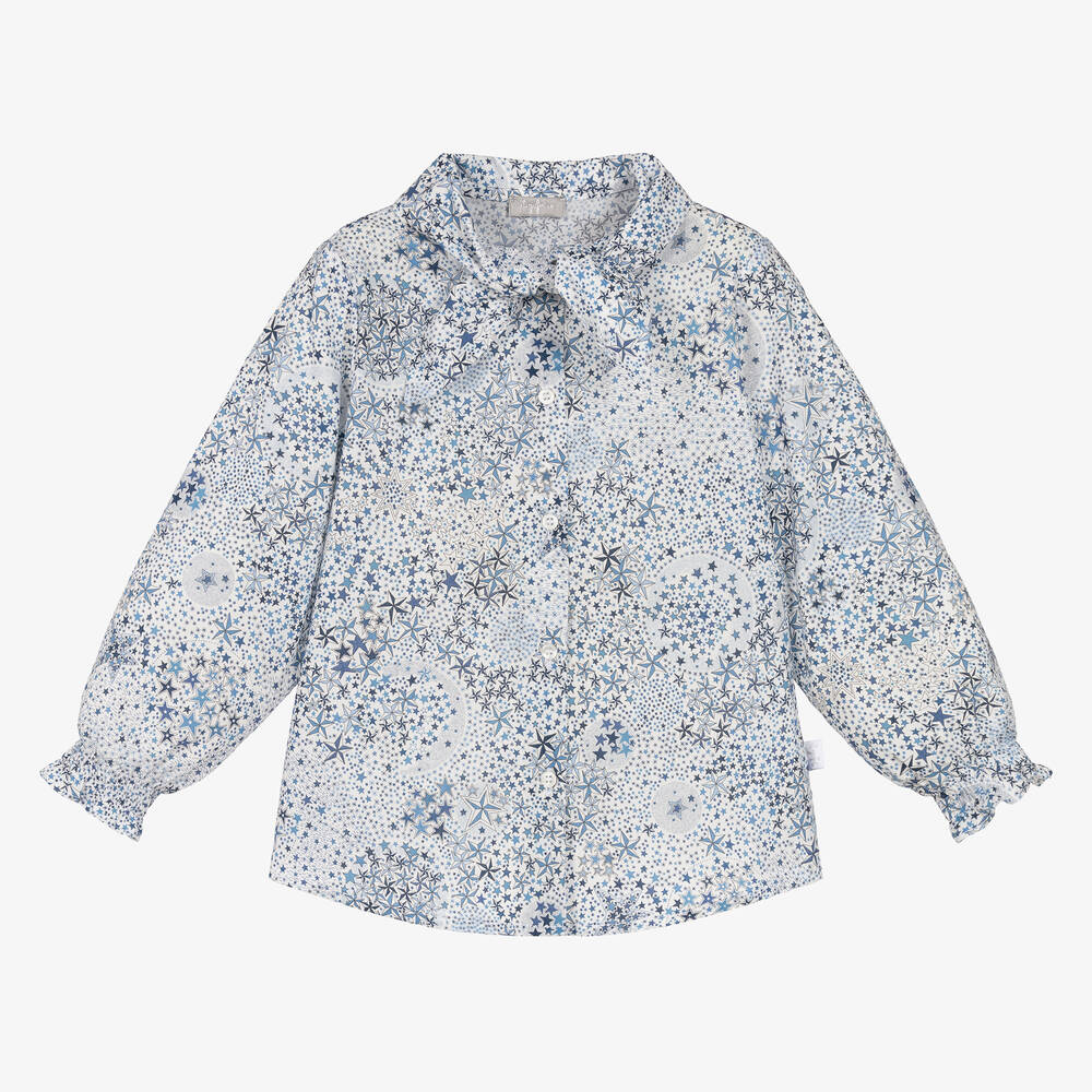 Il Gufo - Girls White & Blue Cotton Stars Blouse | Childrensalon