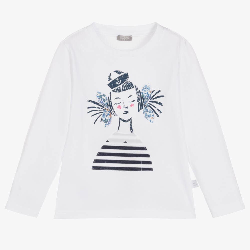 Il Gufo - Girls White & Blue Cotton Top | Childrensalon