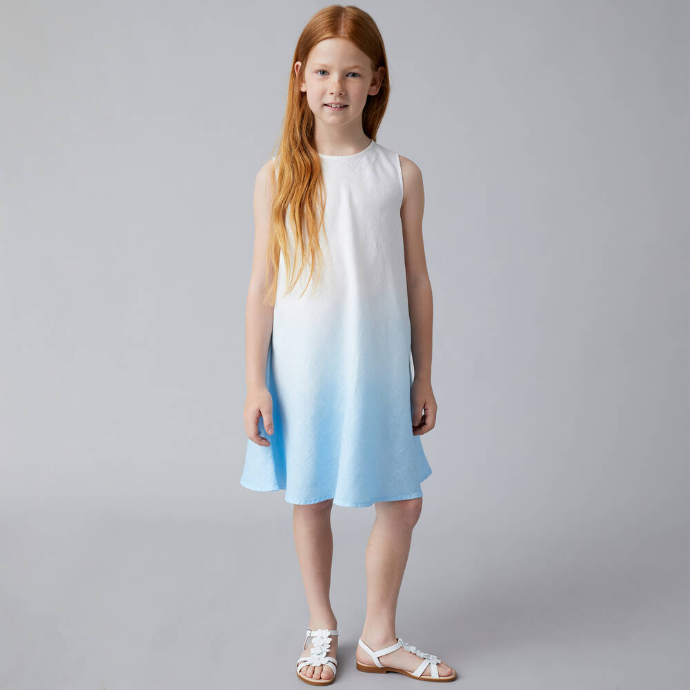 Il Gufo - Girls White & Blue Linen Ombré Dress
