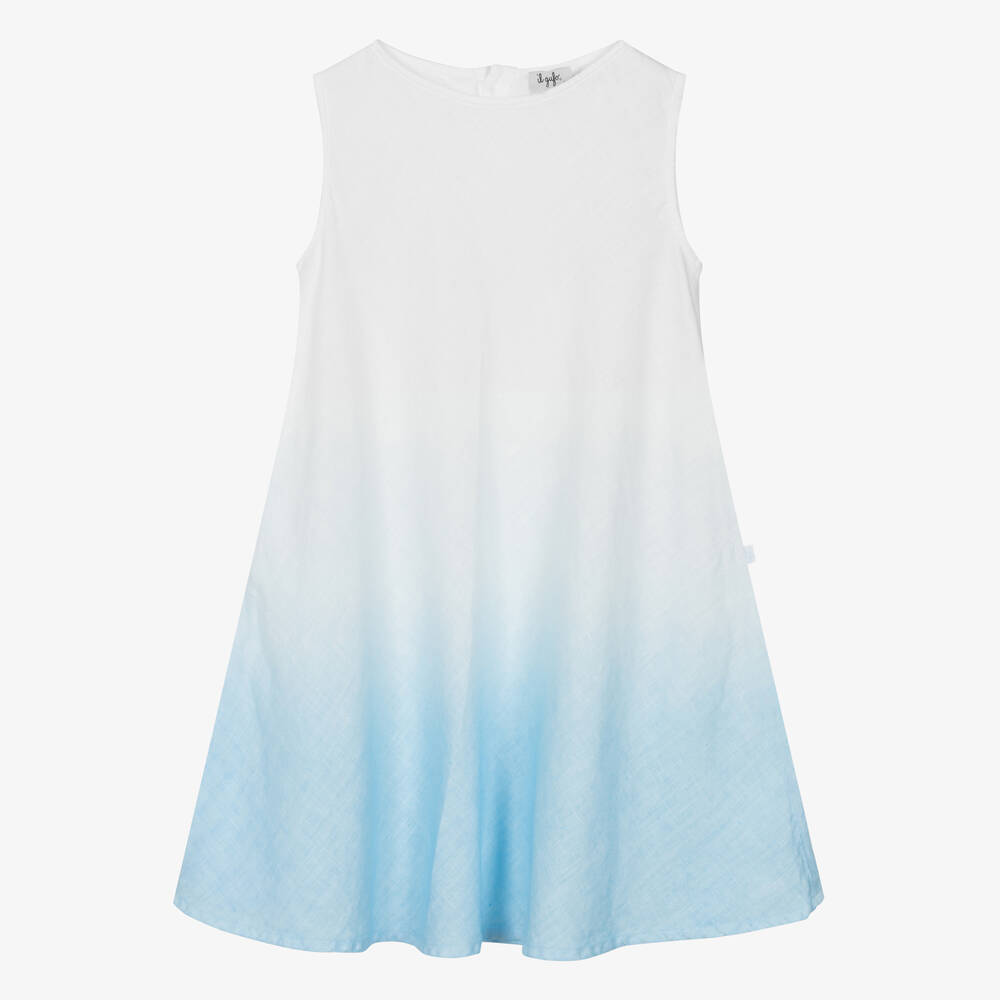 Il Gufo-Girls White & Blue Linen Ombré Dress | Childrensalon Outlet