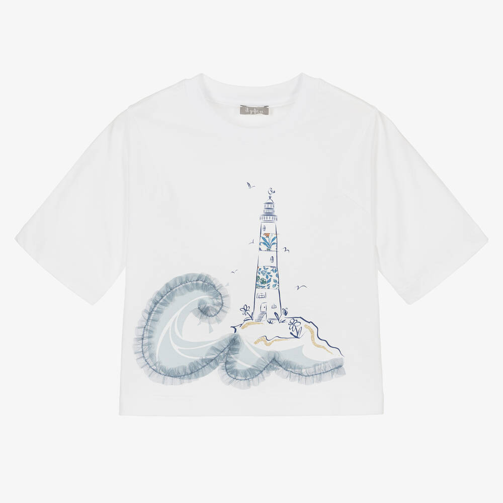 Il Gufo - Girls White & Blue Tulle T-Shirt | Childrensalon