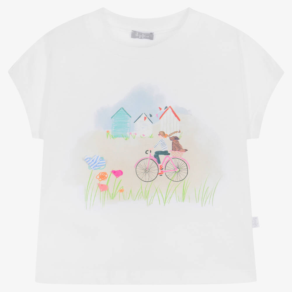 Il Gufo-Girls White Cotton Beach Huts T-Shirt | Childrensalon Outlet