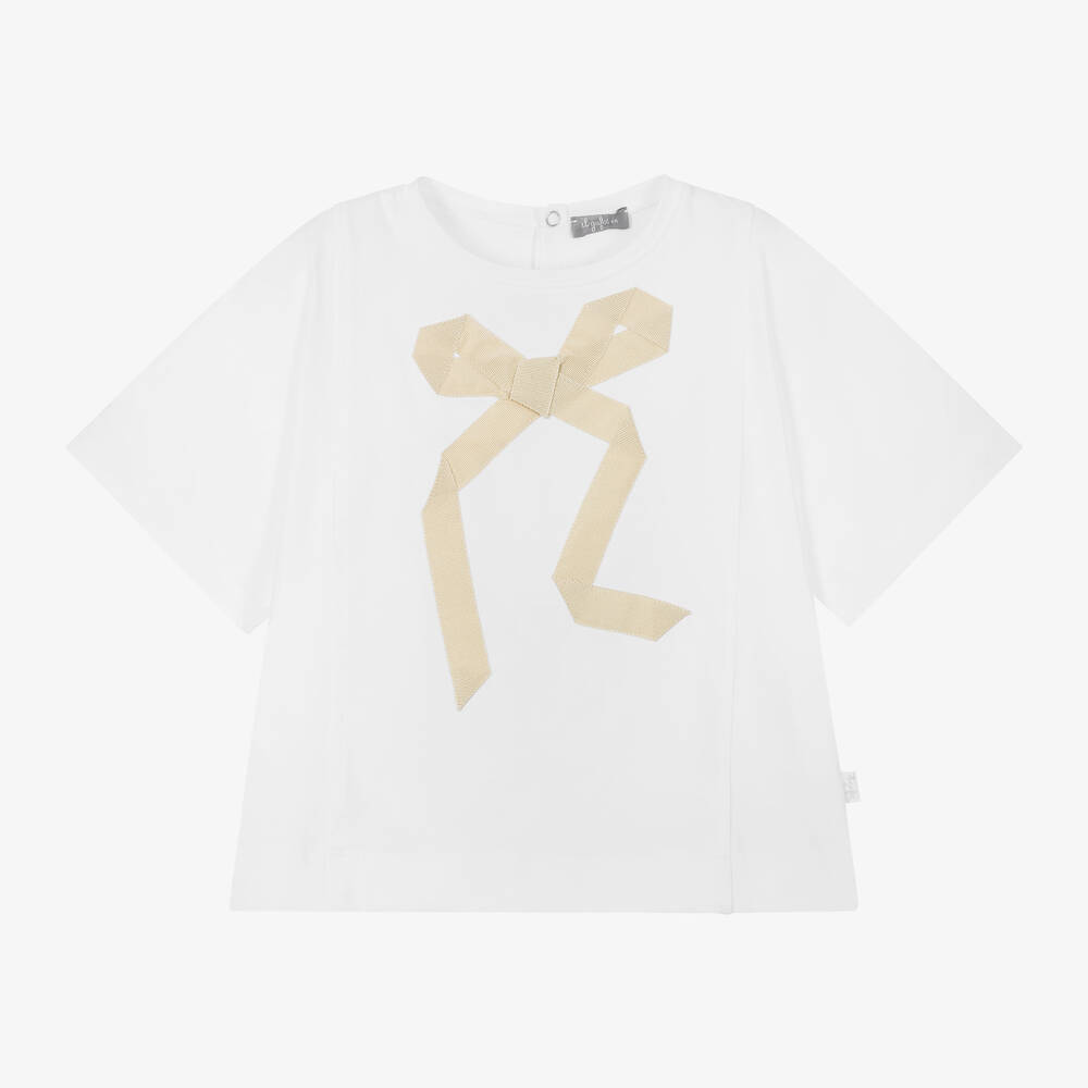 Il Gufo-Girls White Cotton Bow T-Shirt | Childrensalon Outlet