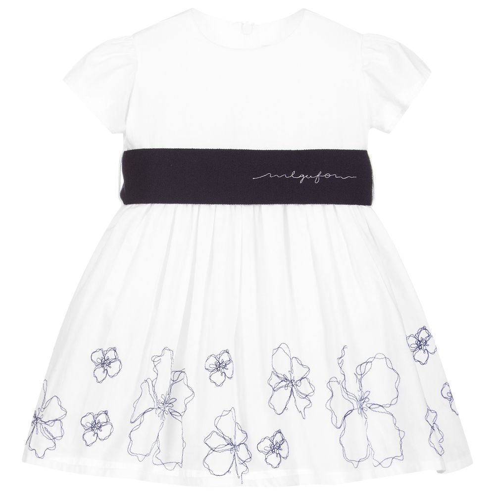 Il Gufo - فستان قطن لون أبيض و كحلي  | Childrensalon