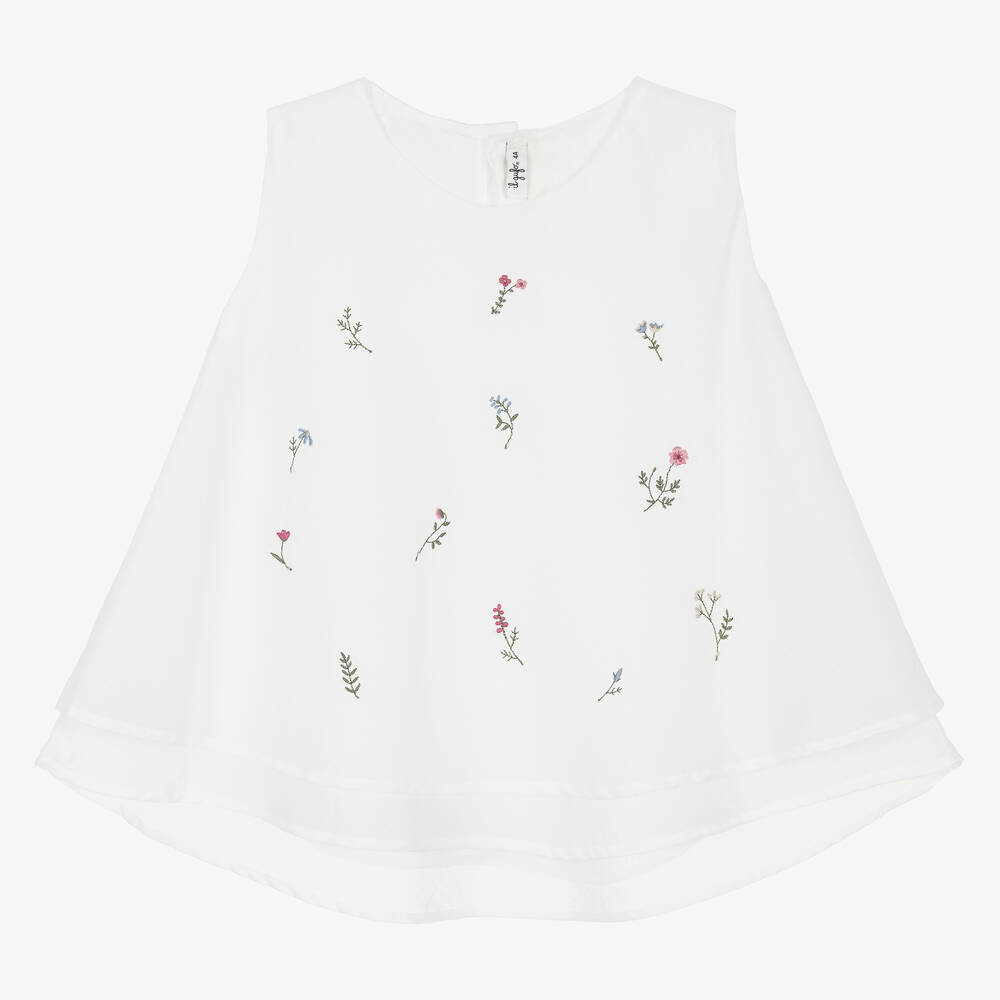 Il Gufo-Girls White Cotton Floral Layered Blouse | Childrensalon Outlet