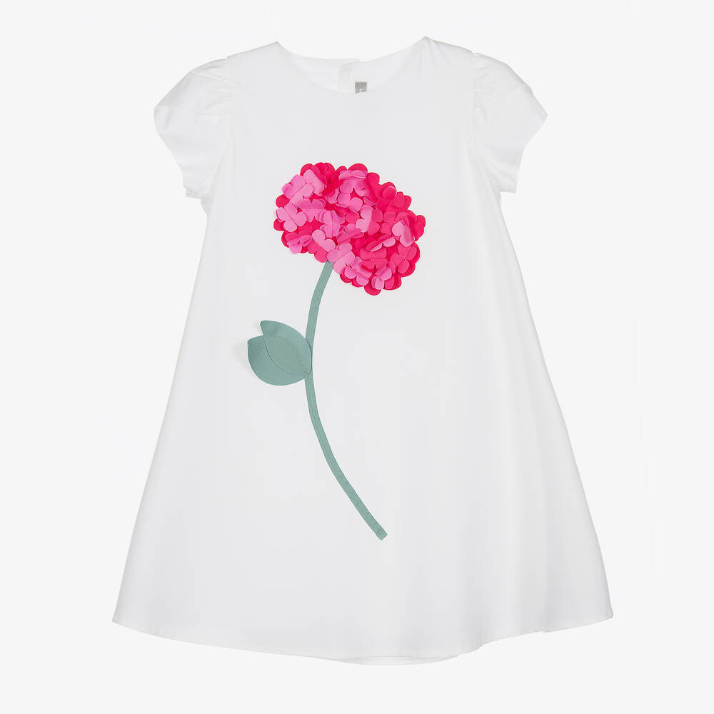 Il Gufo - Girls White Cotton Flower Dress | Childrensalon