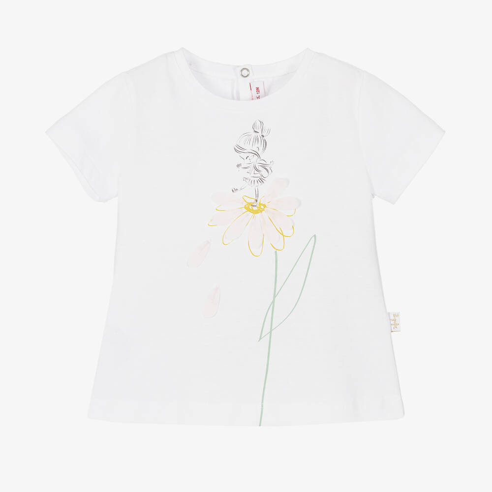 Il Gufo - Girls White Cotton Flower T-Shirt | Childrensalon