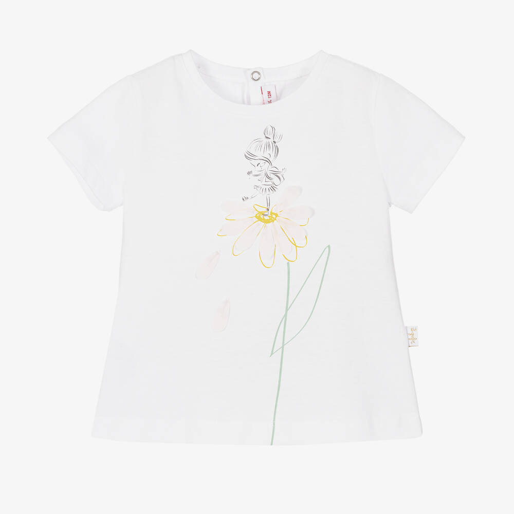 Il Gufo-Girls White Cotton Flower T-Shirt | Childrensalon Outlet