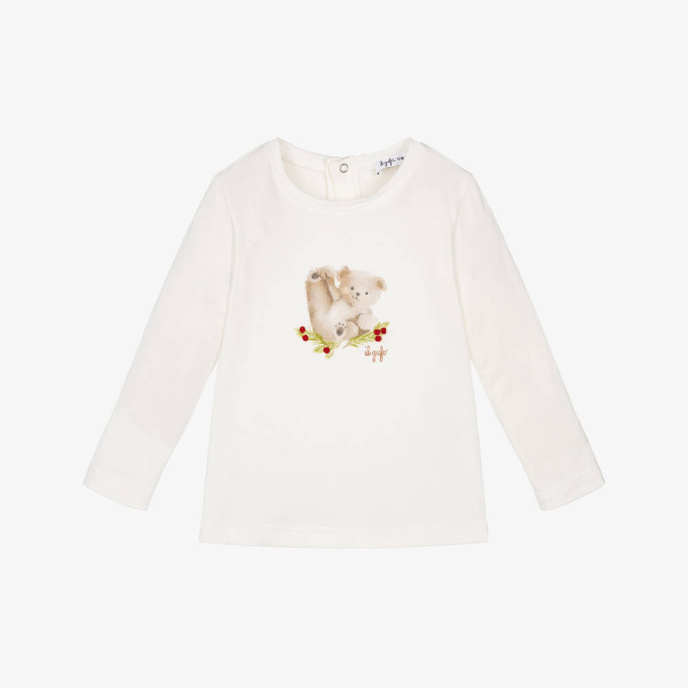 Il Gufo-Girls White Cotton Long-Sleeved Top with Bear Motif | Childrensalon Outlet