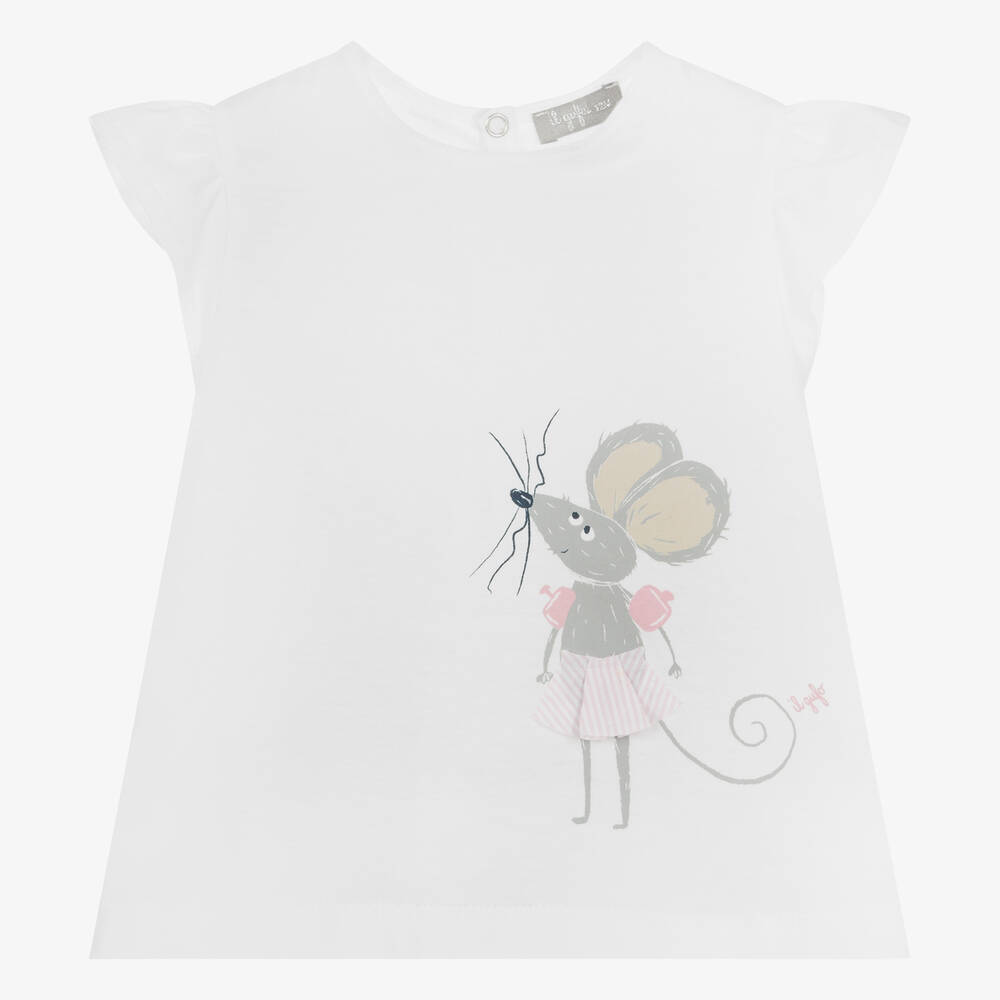 Il Gufo-Белая хлопковая футболка с мышкой для девочек | Childrensalon Outlet