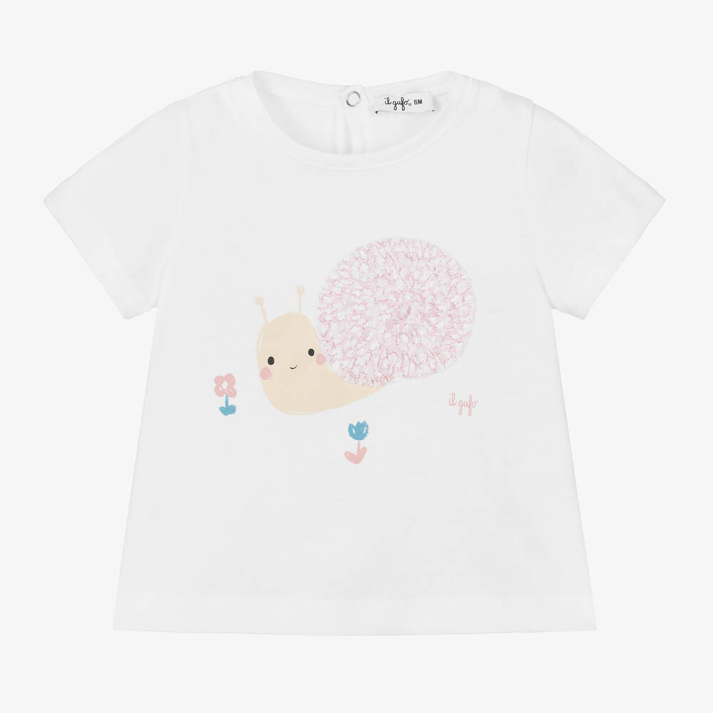 Il Gufo-Girls White Cotton Snail T-Shirt | Childrensalon Outlet