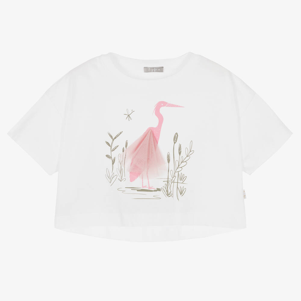 Il Gufo-Girls White Cropped Cotton T-Shirt | Childrensalon Outlet