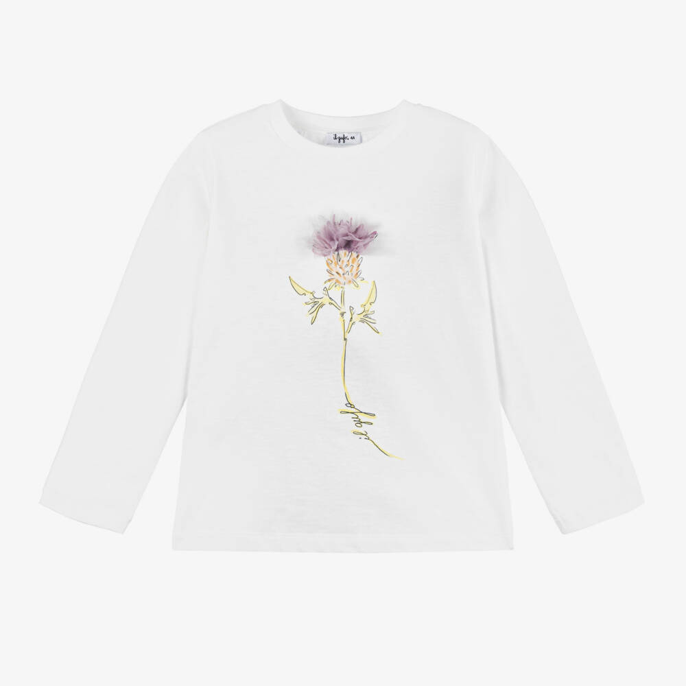 Il Gufo-Girls White Floral Cotton Tee | Childrensalon Outlet