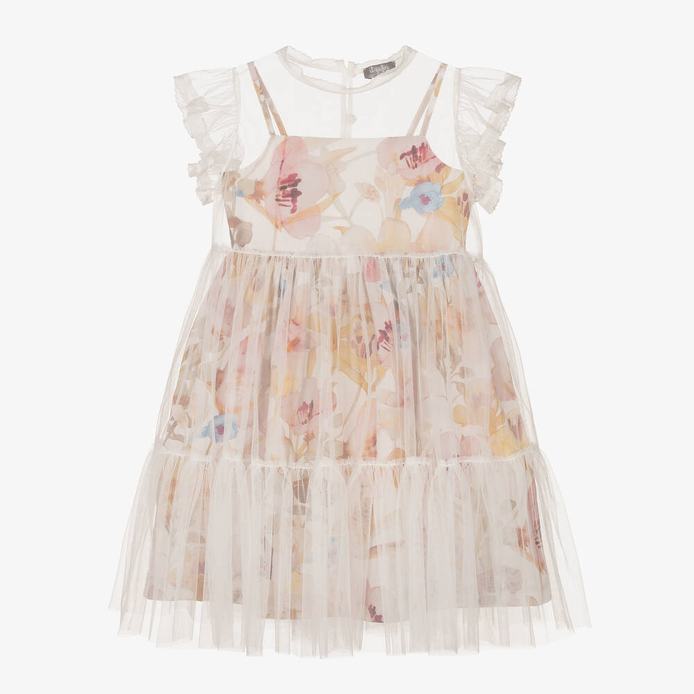 Il Gufo - Girls White Floral Tulle & Cotton Dress | Childrensalon