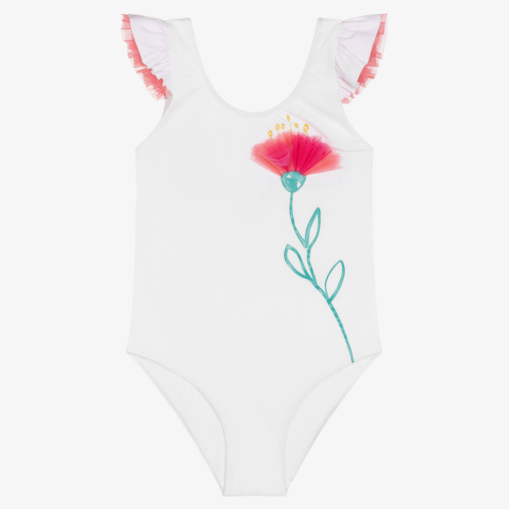 Il Gufo - Girls White Flower Print Swimsuit | Childrensalon