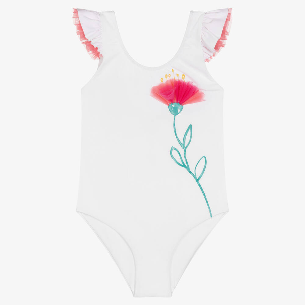 White swimsuit with pink flowers top