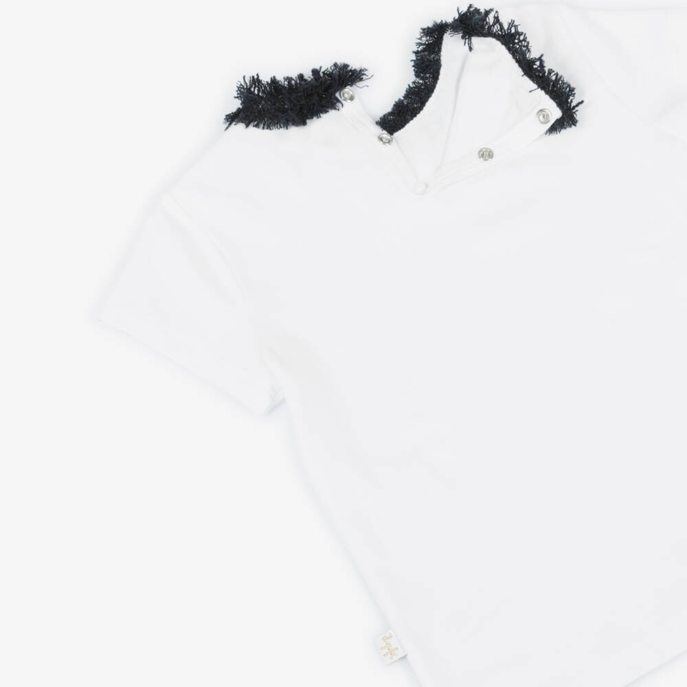 Il Gufo-Белый хлопковый топ с бахромой для девочек | Childrensalon Outlet