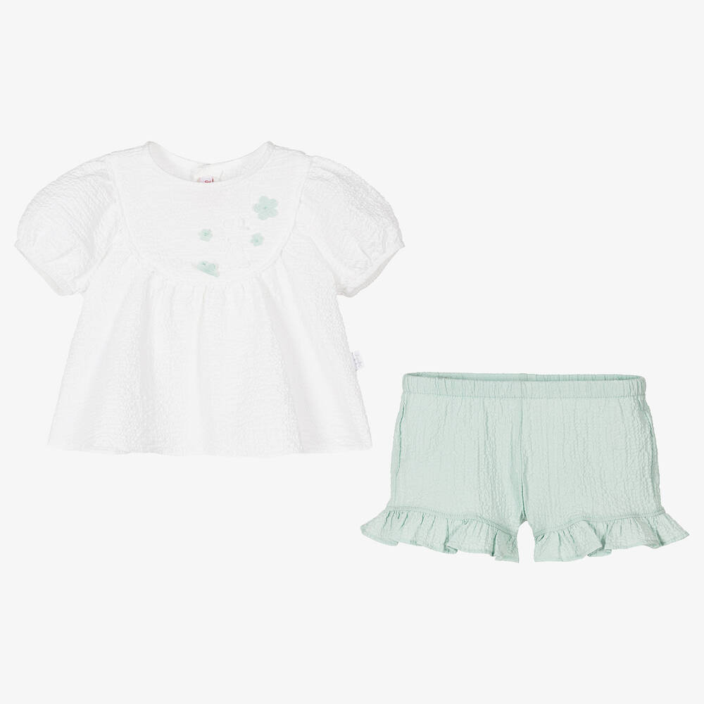 إيل غوفو-طقم شورت أطفال بناتي قطن لون أبيض وأخضر أكوا | Childrensalon Outlet