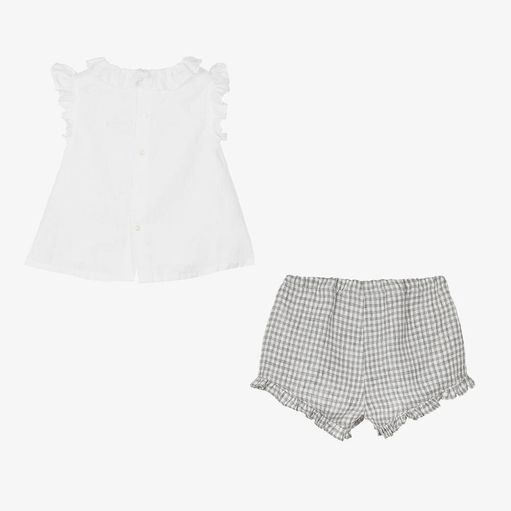 Il Gufo-طقم شورت كتان مقلم لون أبيض ورمادي للبنات | Childrensalon Outlet