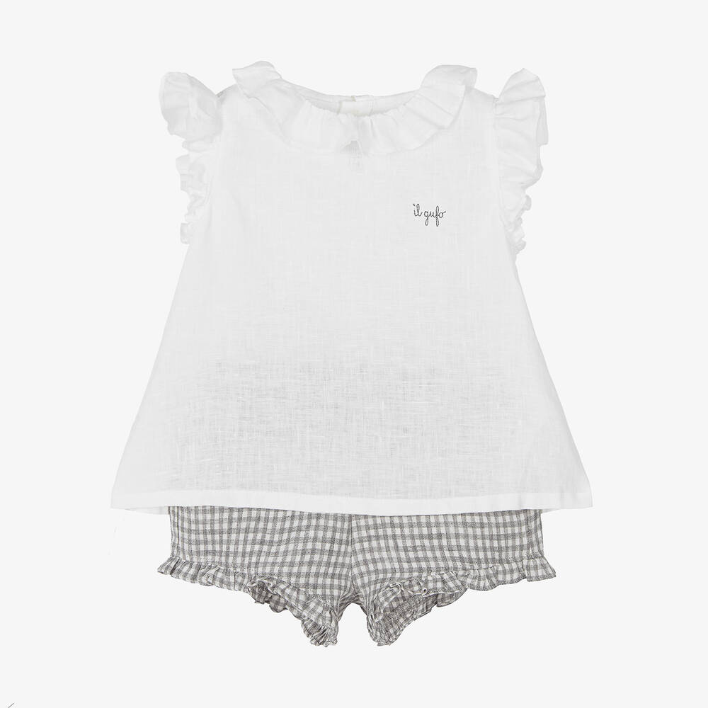 Il Gufo - Leinen-Top & Shorts Set weiß & grau | Childrensalon