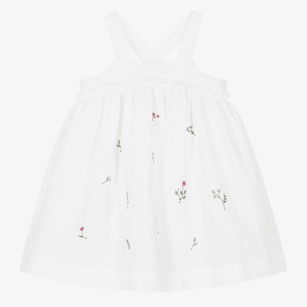 Il Gufo-Girls White Linen Pinafore Dress | Childrensalon Outlet