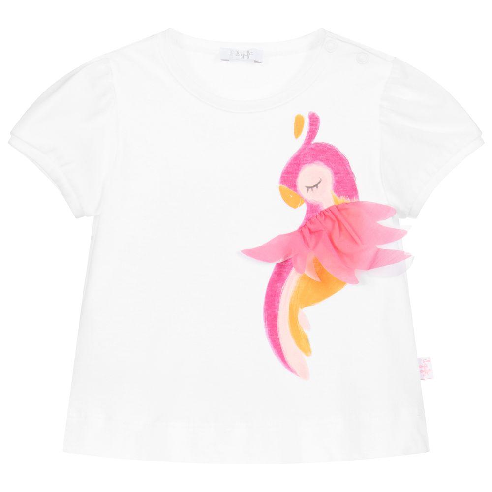 Il Gufo - Girls White Parrot T-Shirt | Childrensalon