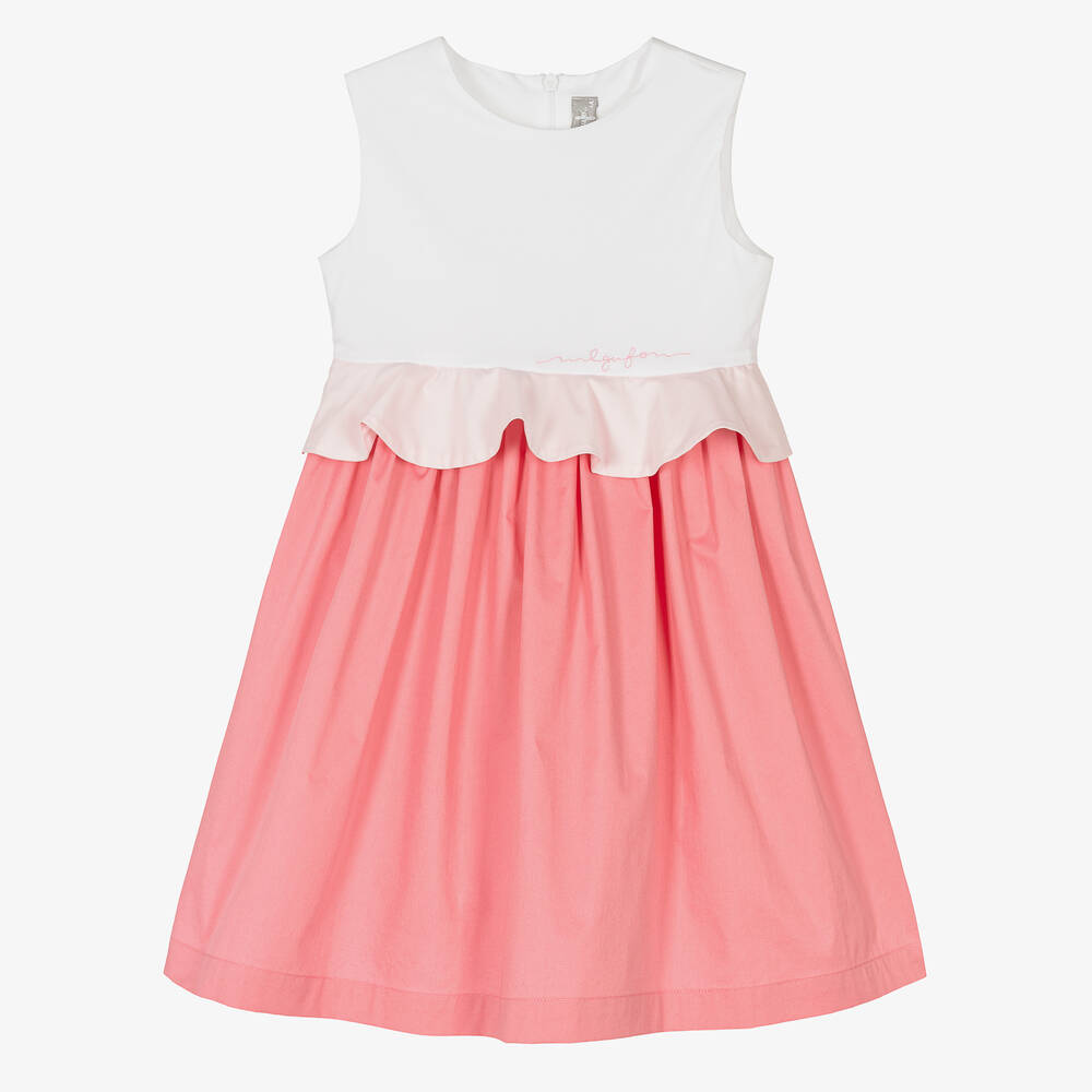 Il Gufo - Girls White & Pink Cotton Sateen Dress | Childrensalon