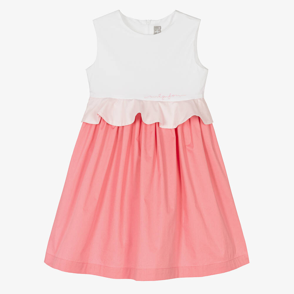 Il Gufo-Girls White & Pink Cotton Sateen Dress | Childrensalon Outlet