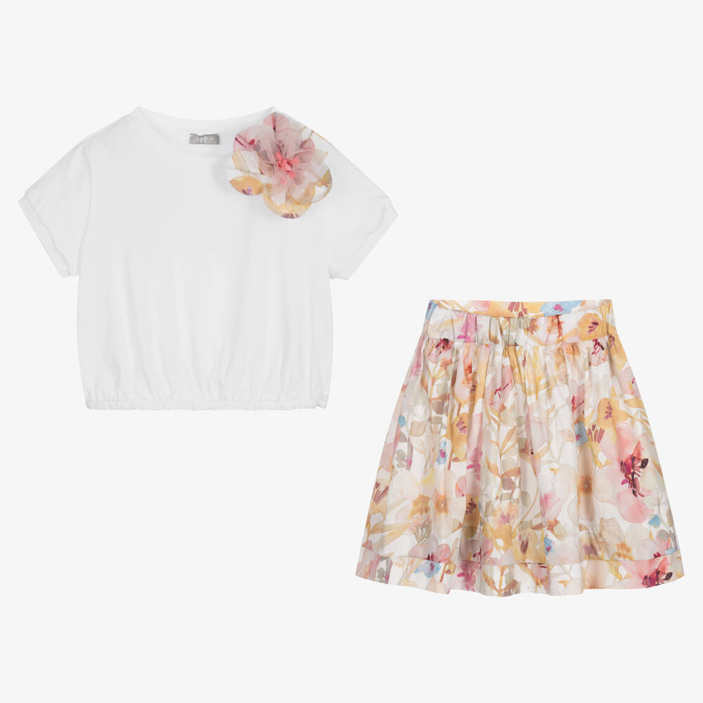 Il Gufo-Белый топ и розовая юбка с цветами | Childrensalon Outlet