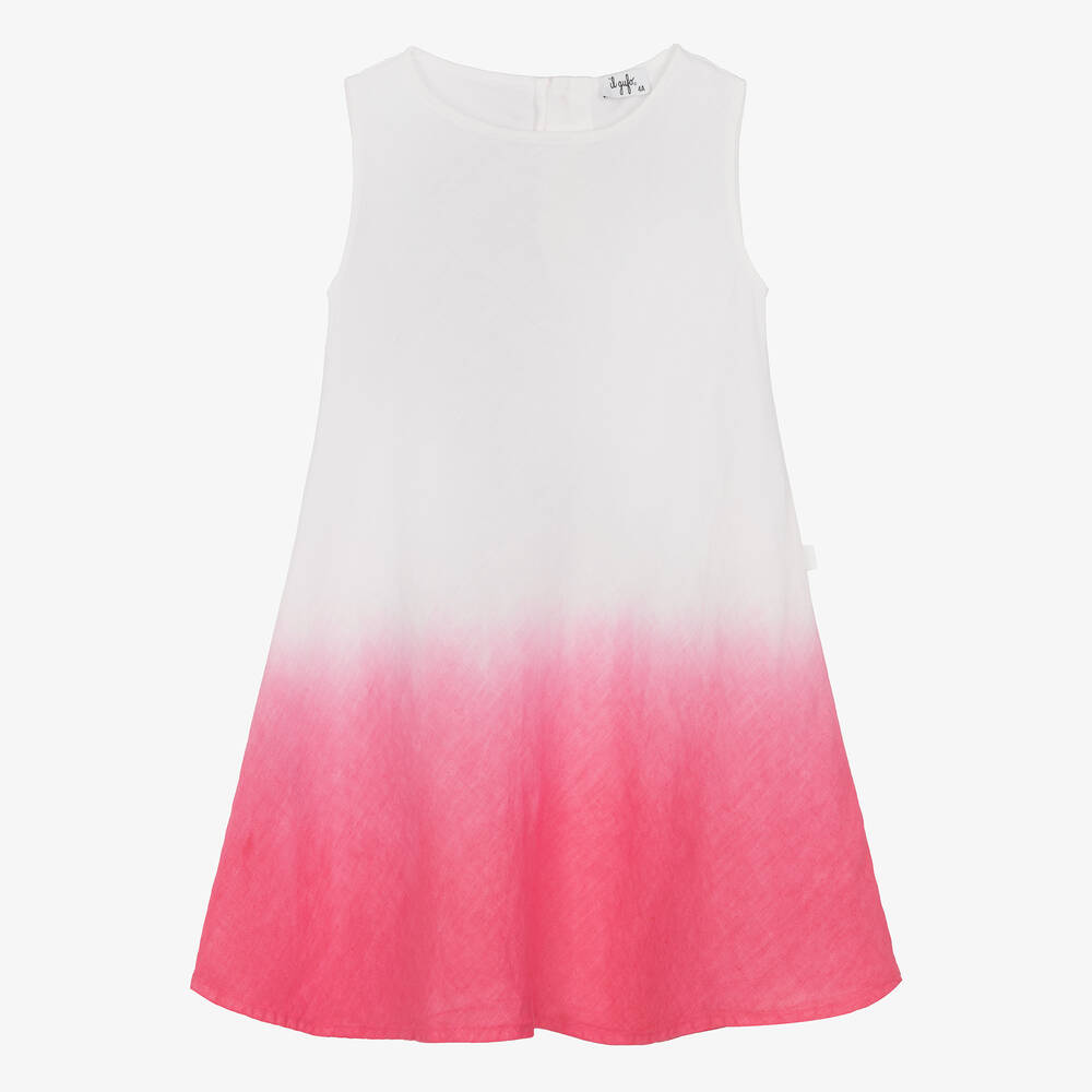 Il Gufo-Girls White & Pink Linen Ombré Dress | Childrensalon Outlet