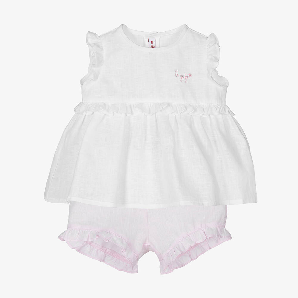 Il Gufo - Girls White & Pink Linen Shorts Set | Childrensalon
