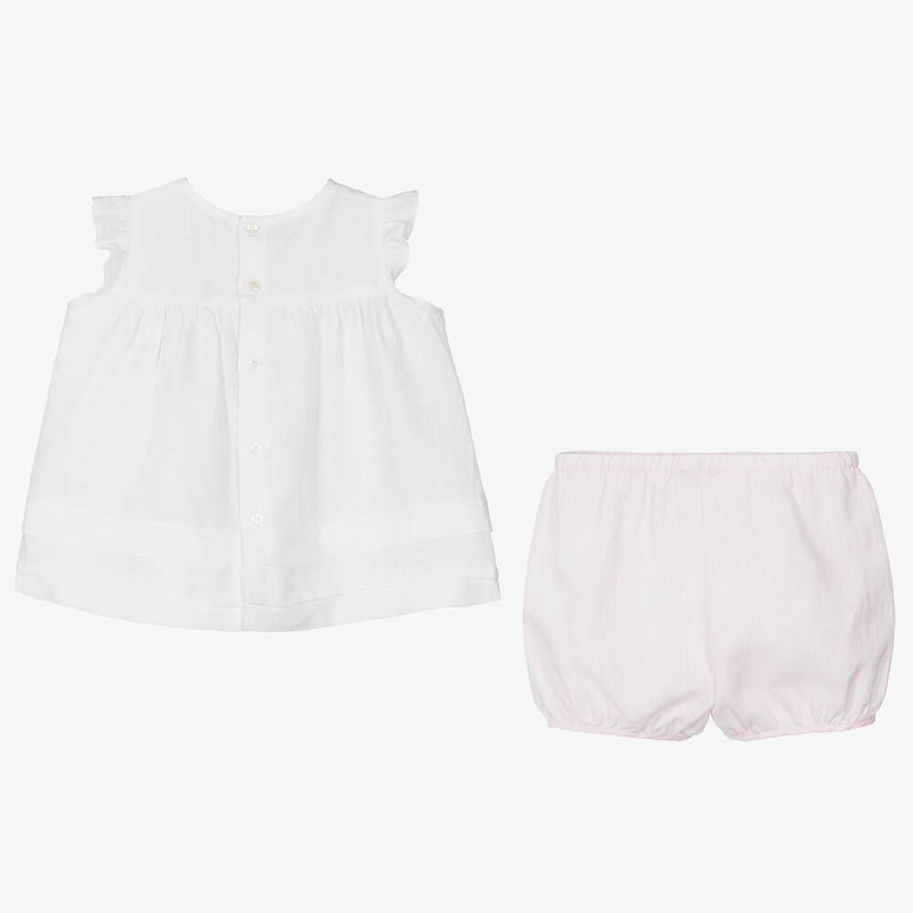 Il Gufo-Girls White & Pink Linen Shorts Set | Childrensalon Outlet