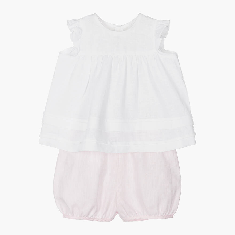 Il Gufo-Girls White & Pink Linen Shorts Set | Childrensalon Outlet