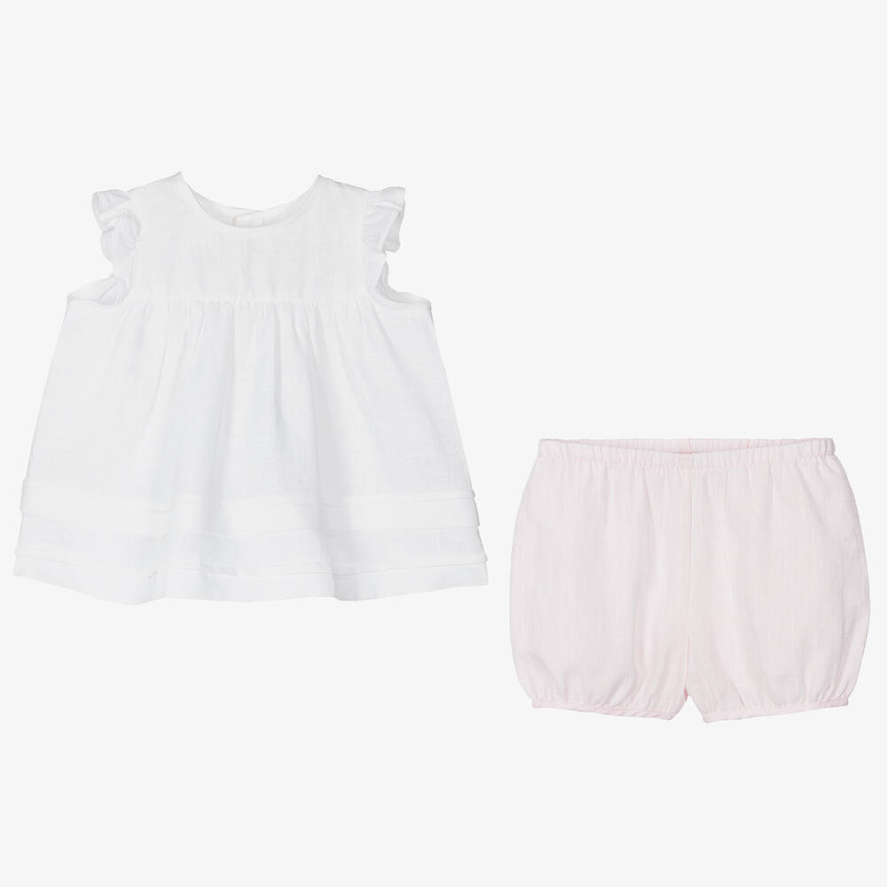 Il Gufo-Girls White & Pink Linen Shorts Set | Childrensalon Outlet