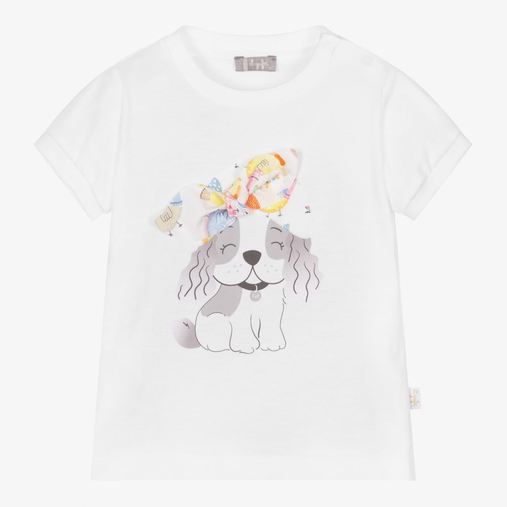 Il Gufo - Girls White Puppy T-Shirt | Childrensalon